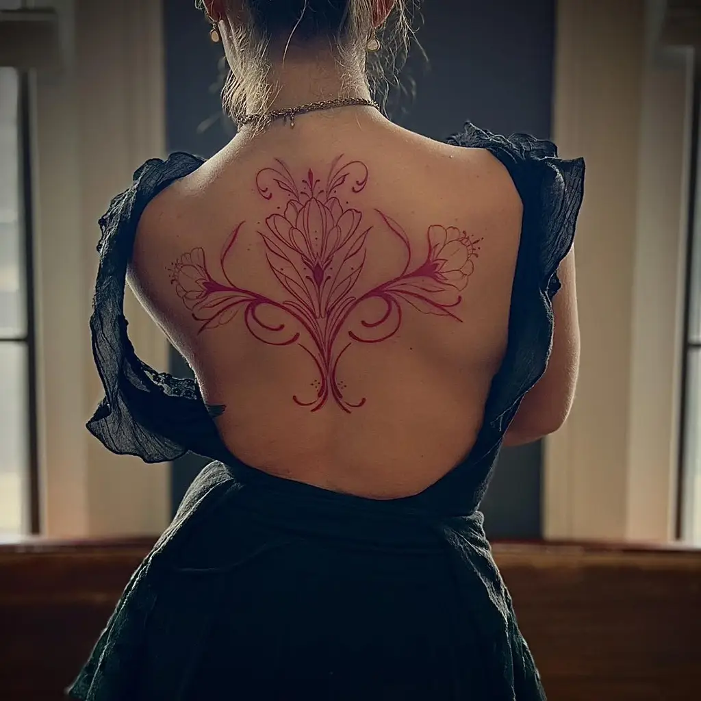 Royal Red Ornamental Back Tattoo for Women
