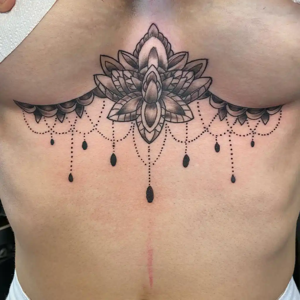 Chest Tattoo Female Mandala Lotus Drop Design