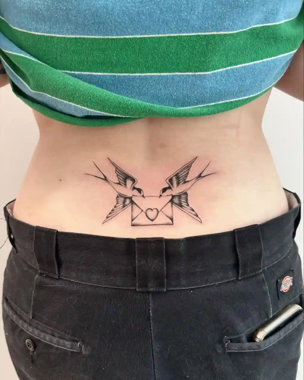 Lower Back Love Letter Birds Tattoo
