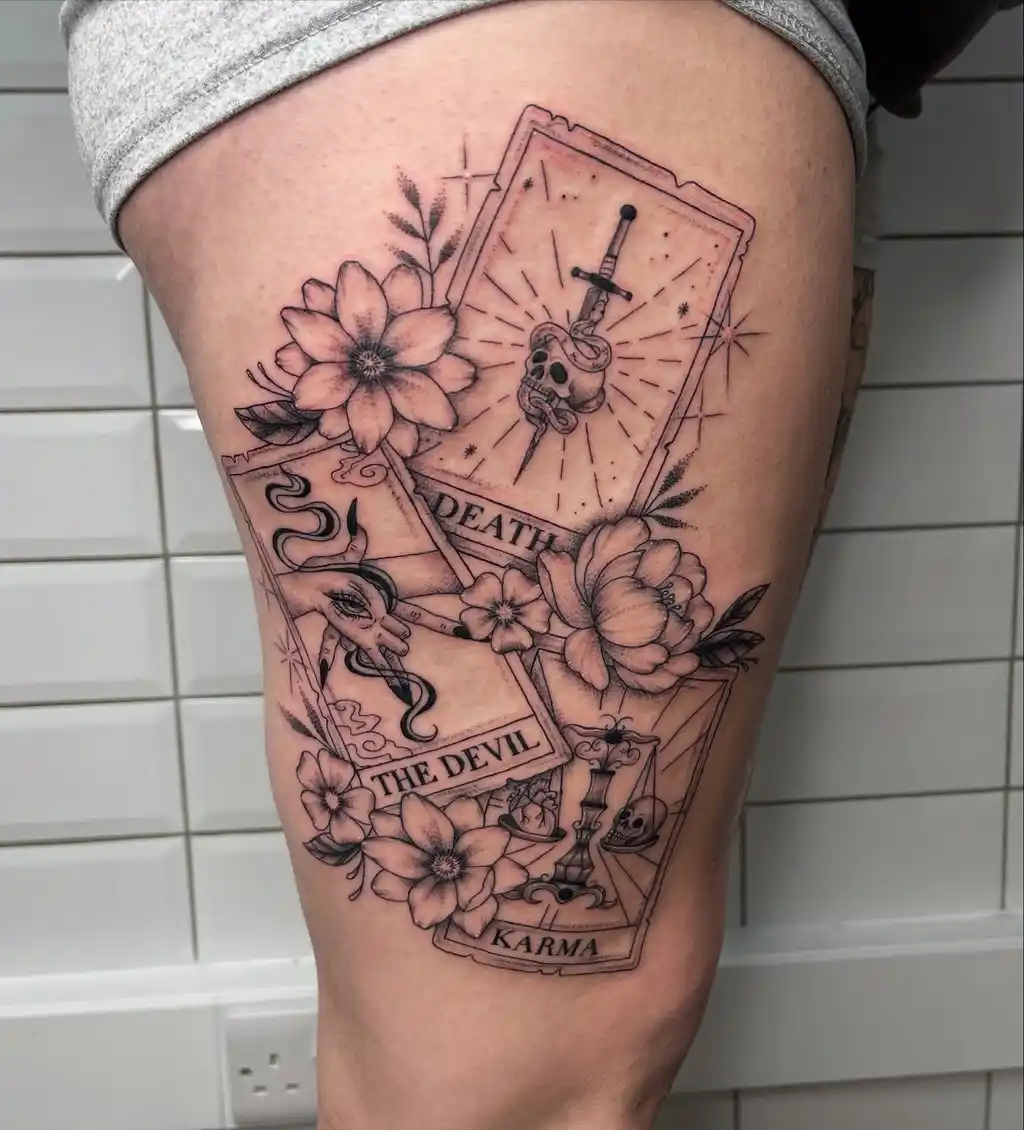 Tarot Card Design Thigh Tattoos for Women