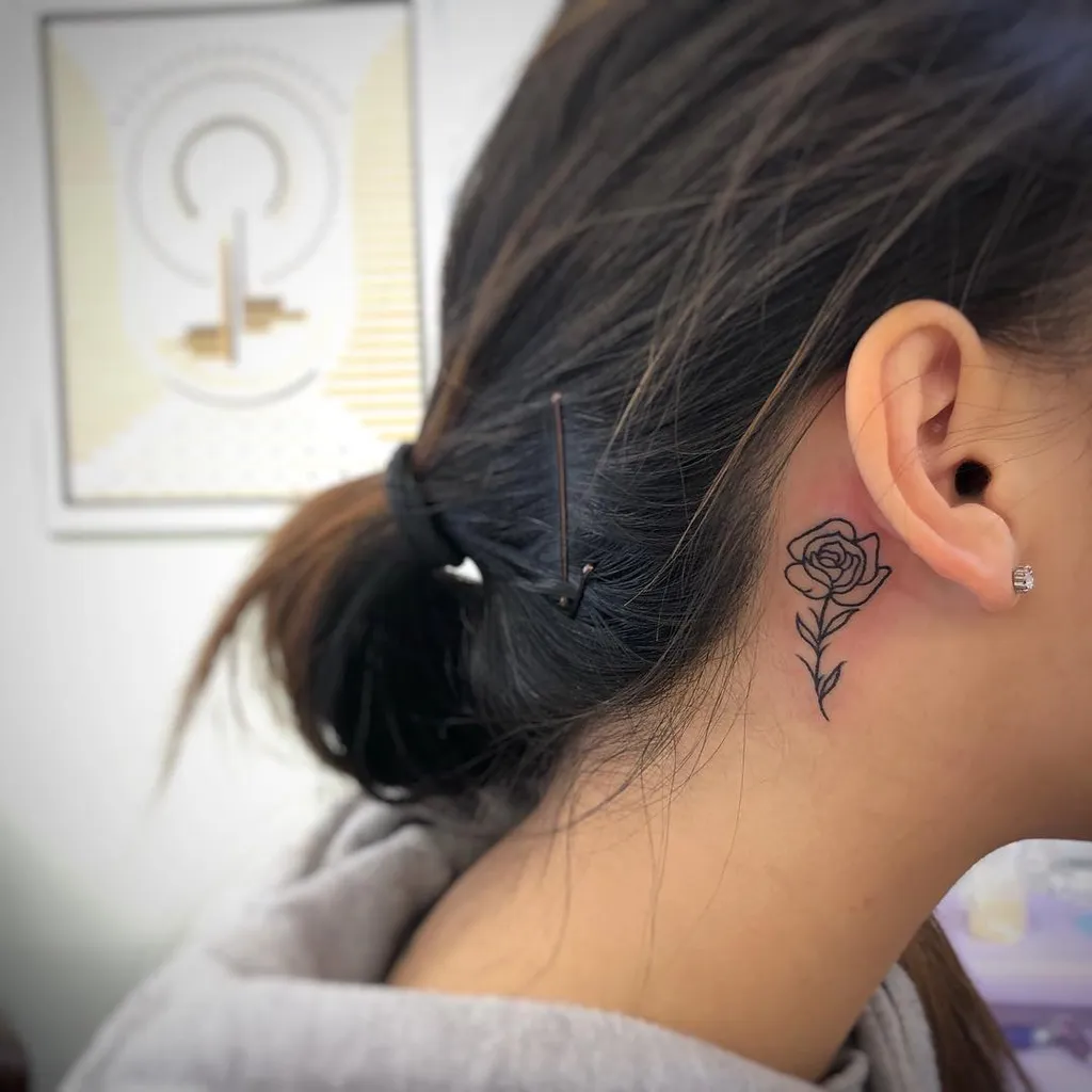 Rose Line Art Behind Ear Tattoos for Women
