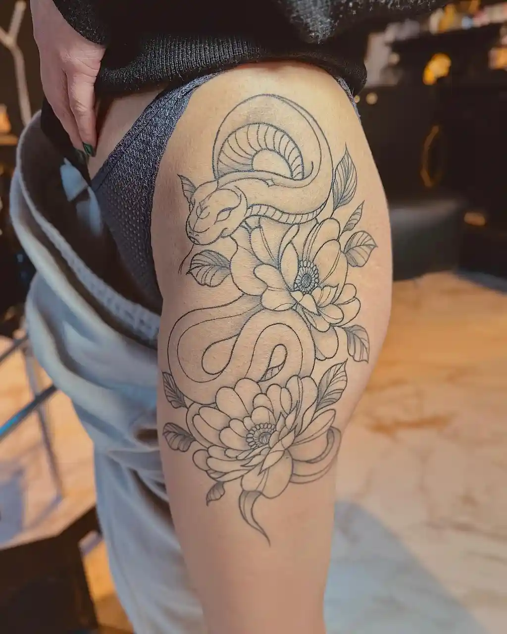 Snake and Blossoms Hip Tattoos Women
