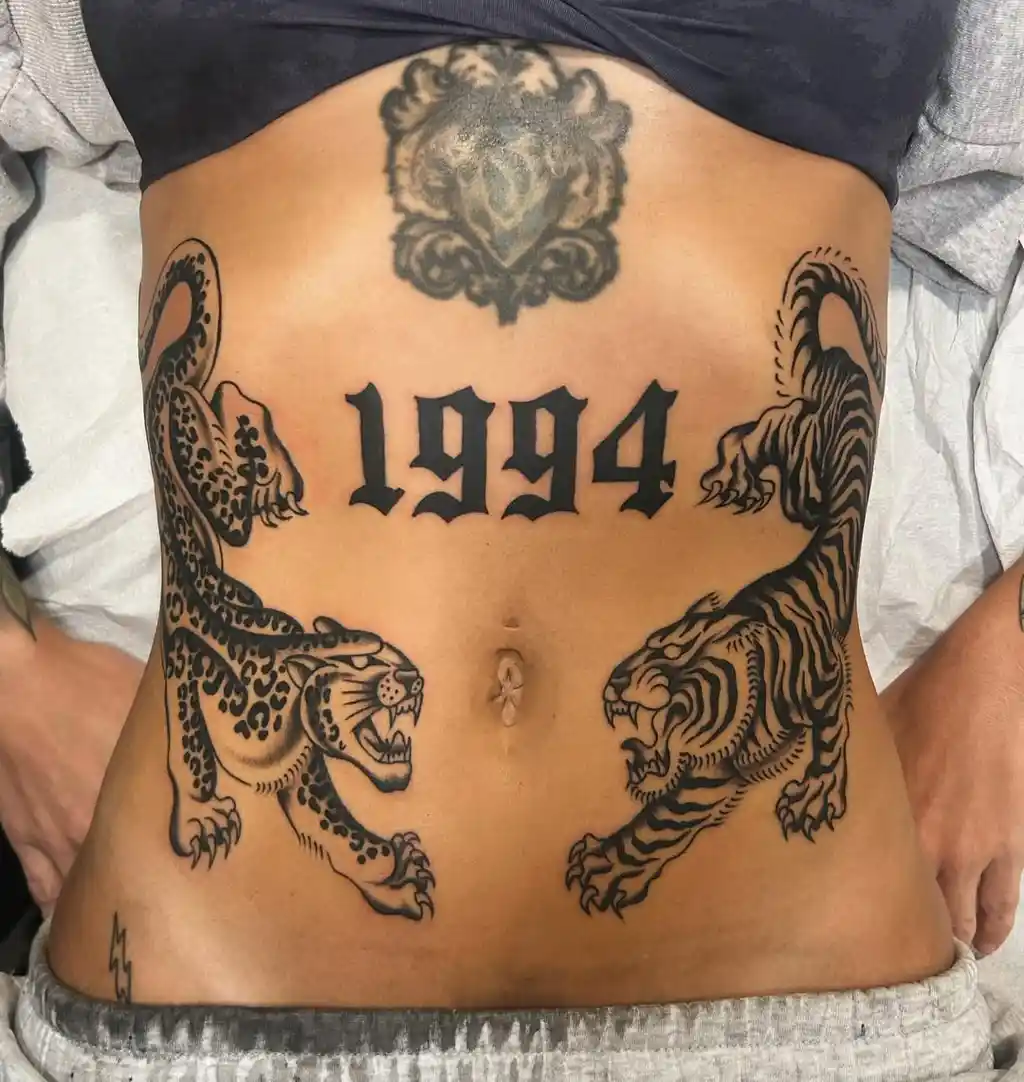 Panther and Tiger Birth Year Stomach Tattoos Women