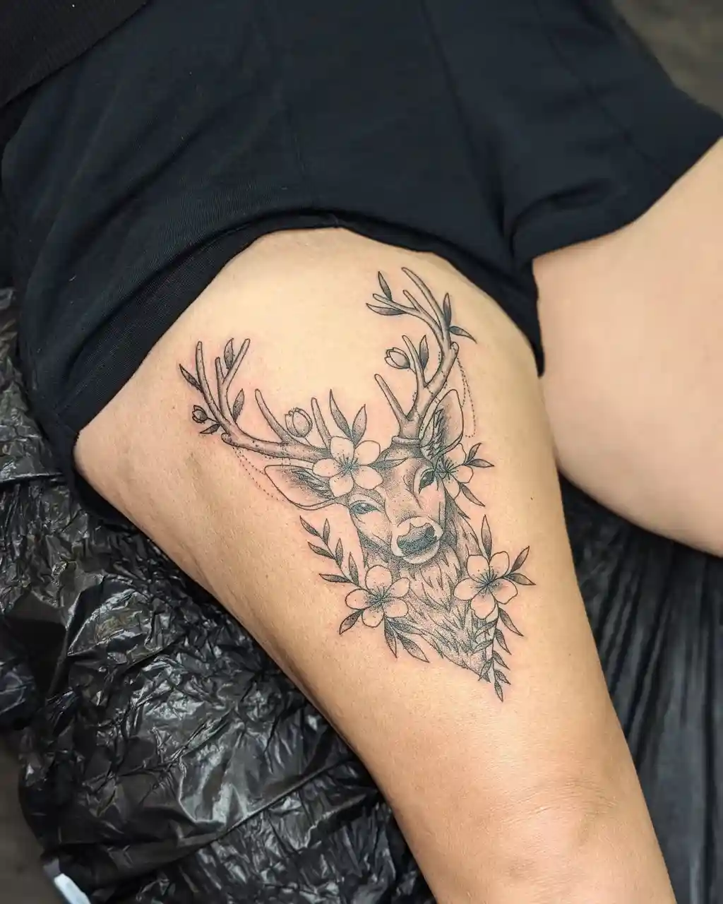Floral Antlered Deer Thigh Tattoos for Women