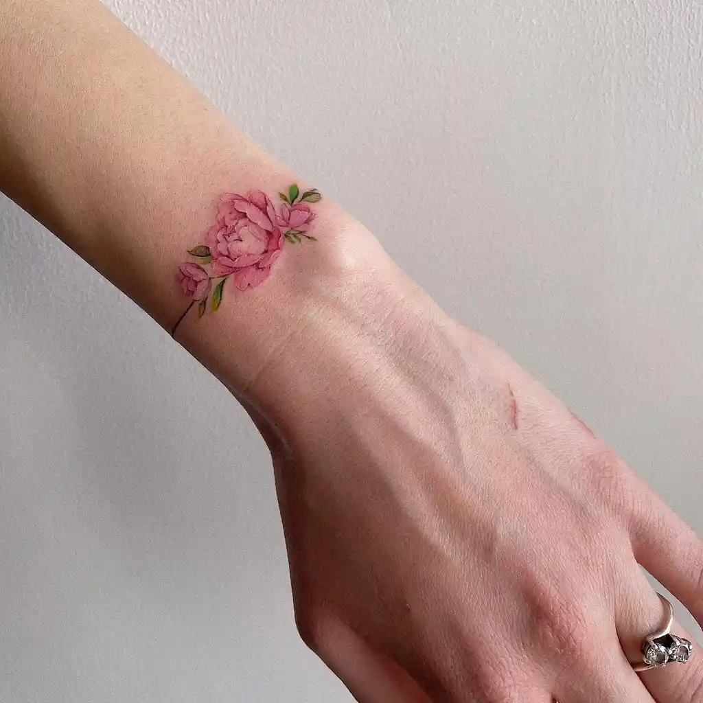 Pink Peony Wrist Tattoo