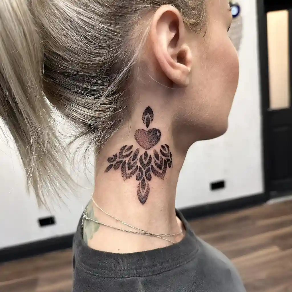 Ornamental Heart Neck Tattoo Women