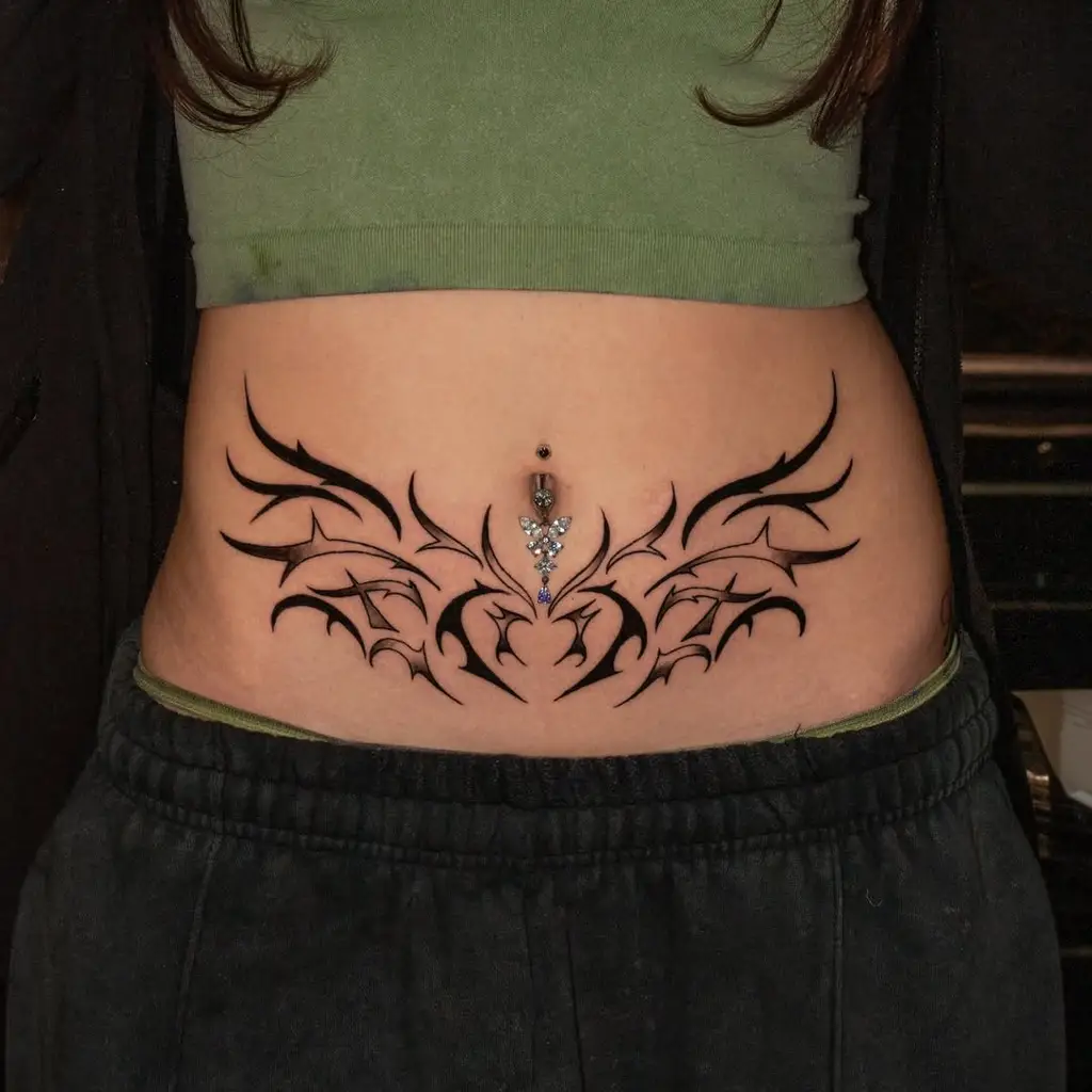 Tribal Flames Symmetrical Stomach Tattoos Women