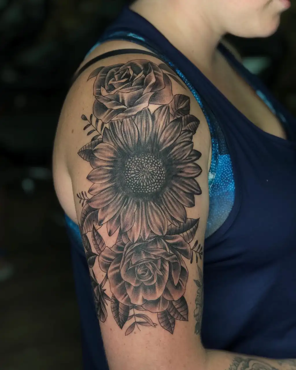 Sunflower & Roses Upper Arm Tattoos for Women