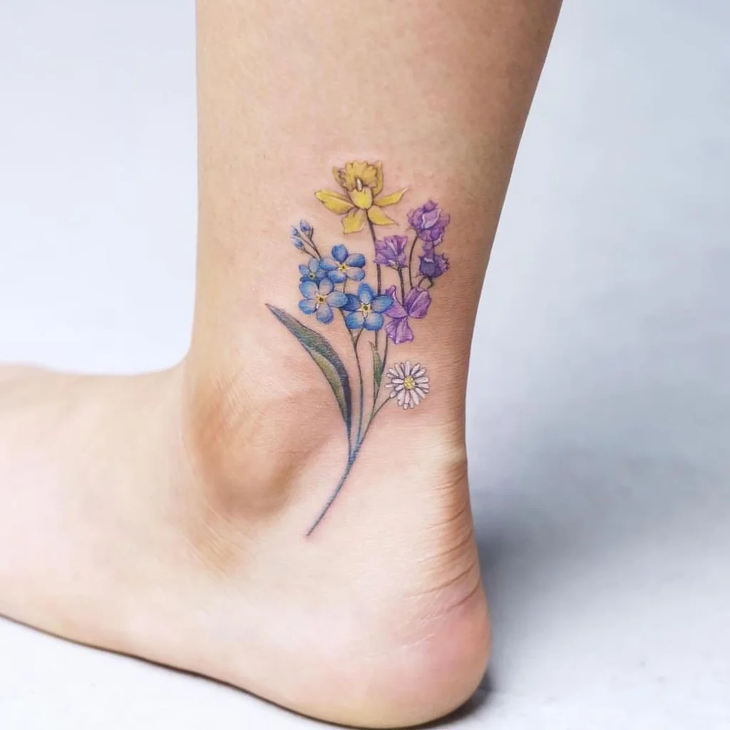 Colorful Wildflower Ankle Tattoos for Women