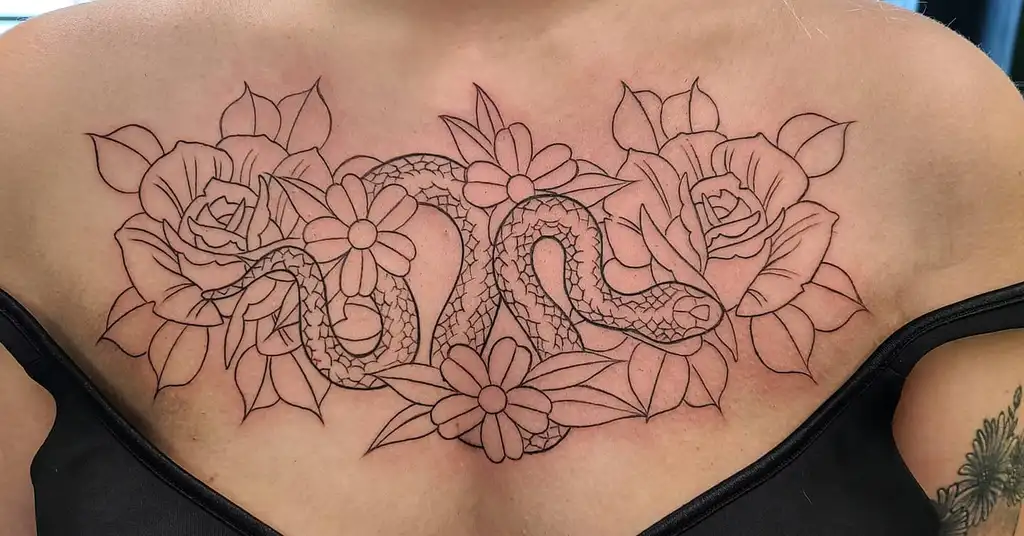 Chest Tattoo Female Snake and Flower Linework