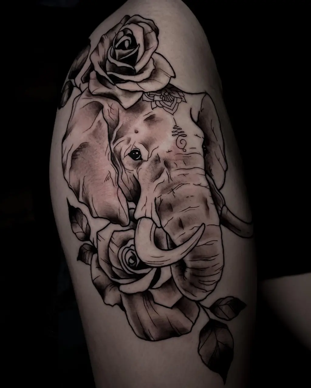 Elephant and Roses Hip Tattoos Women