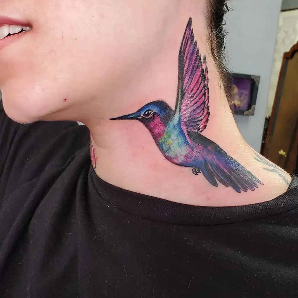 Color Hummingbird Neck Tattoo Women