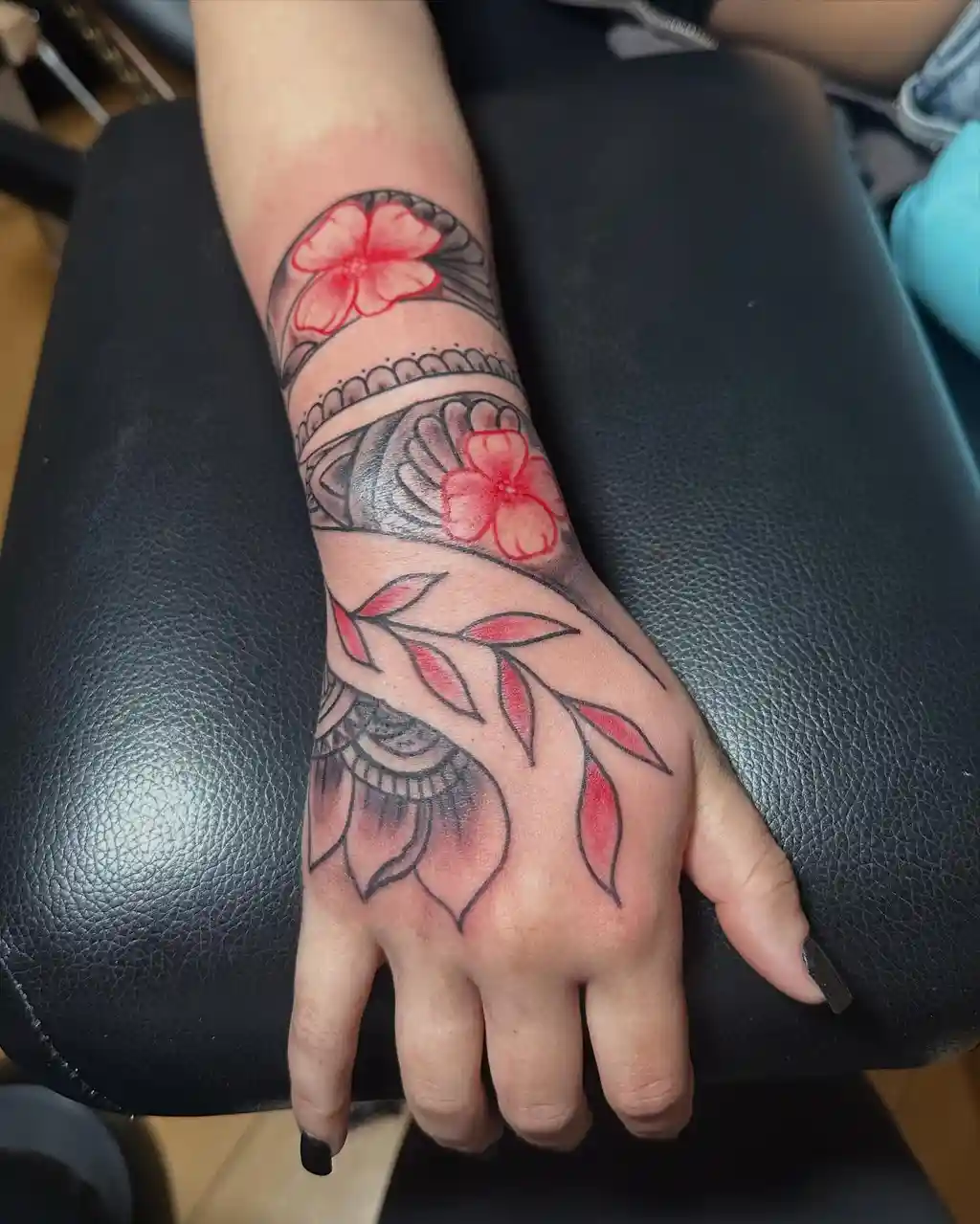 Red Floral Wrap Hand Tattoos for Women