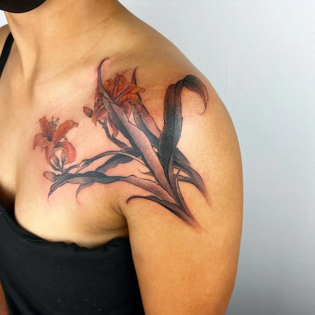 Bold Lily Shoulder Tattoos for Women