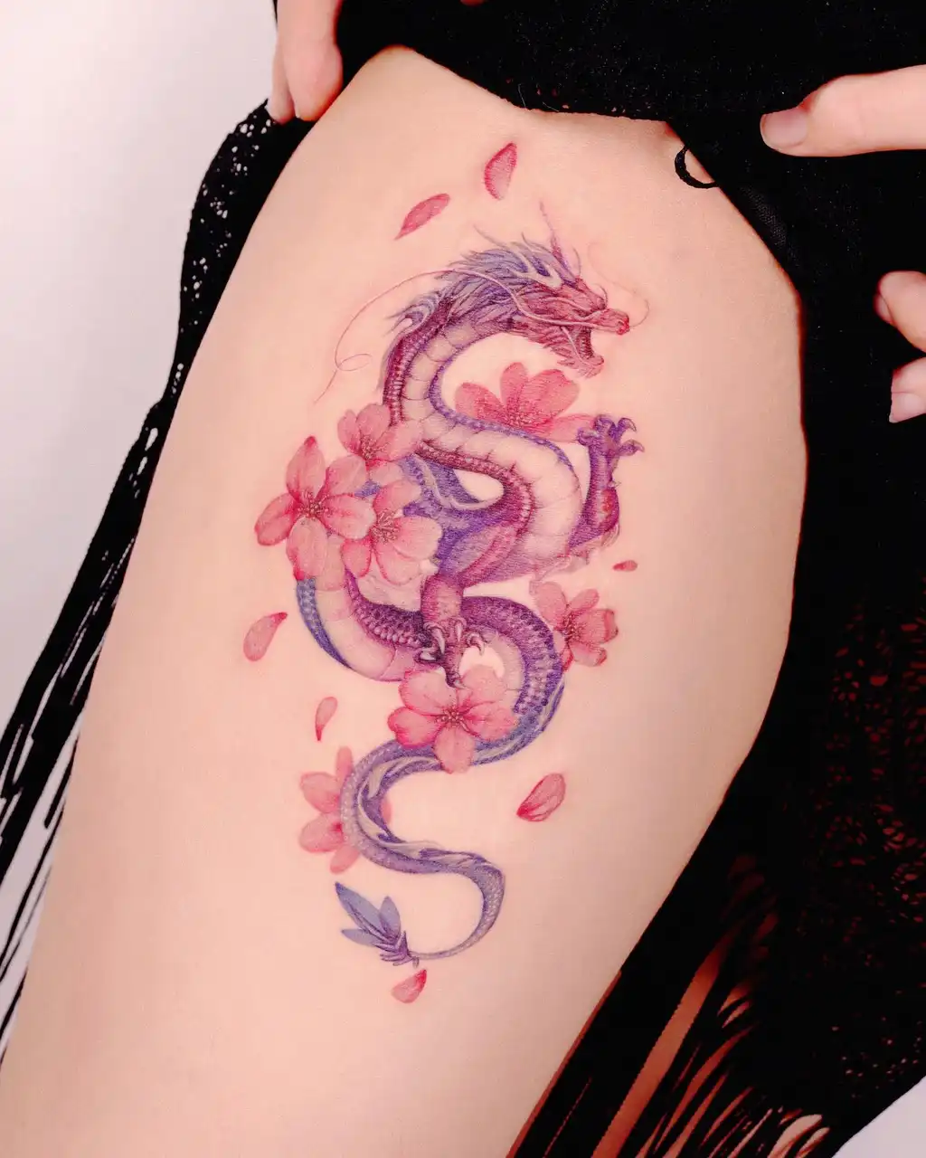 Sakura Dragon Thigh Tattoos for Women