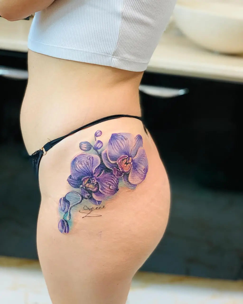 Purple Orchid Bloom Hip Tattoos Women