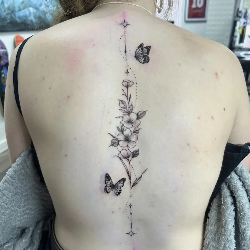Butterfly & Flower Spine Back Tattoo for Women