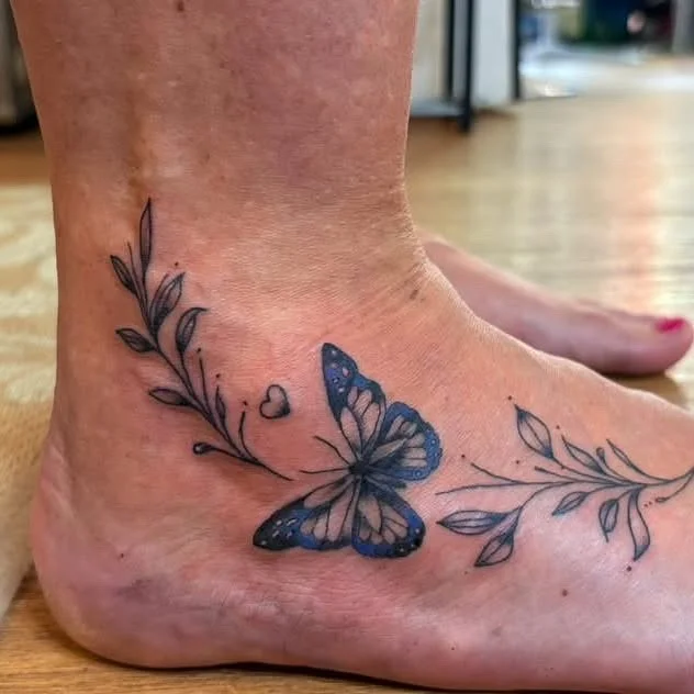 Blue Butterfly & Leaves Foot Tattoos for Women