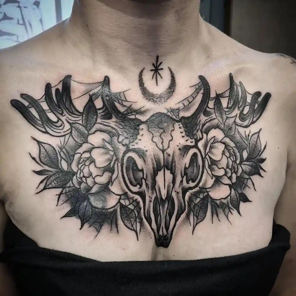 Gothic Skull and Flowers Chest Tattoo Female