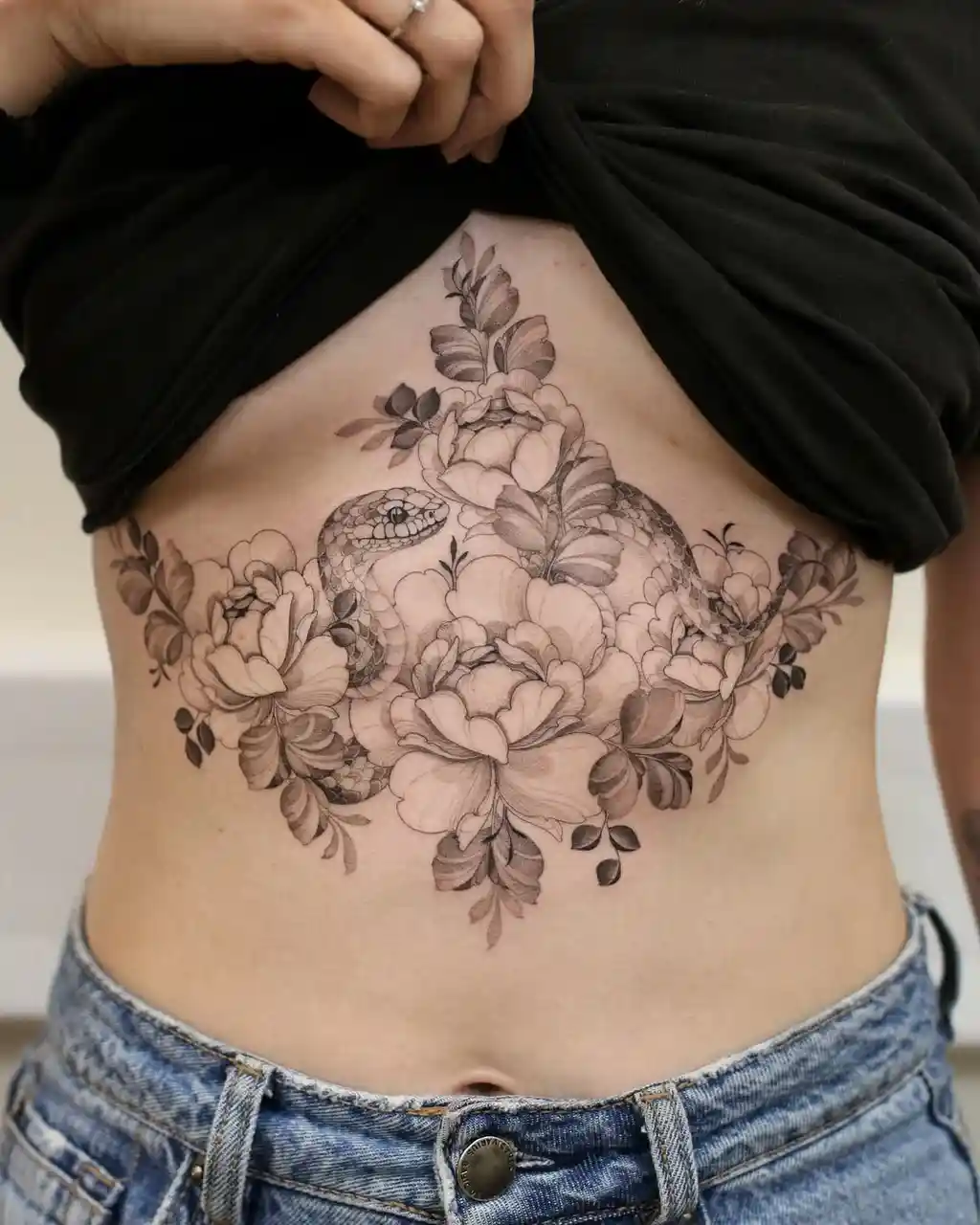 Serpent in Bloom Stomach Tattoos Women