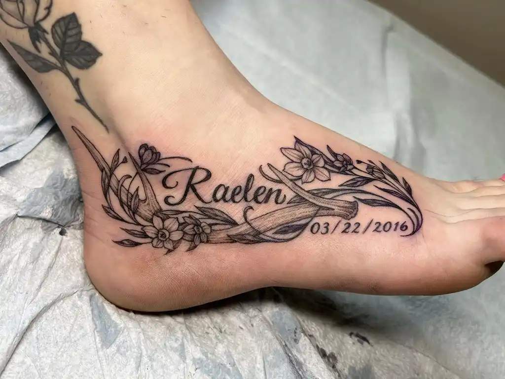 Name and Date Floral Foot Tattoos for Women