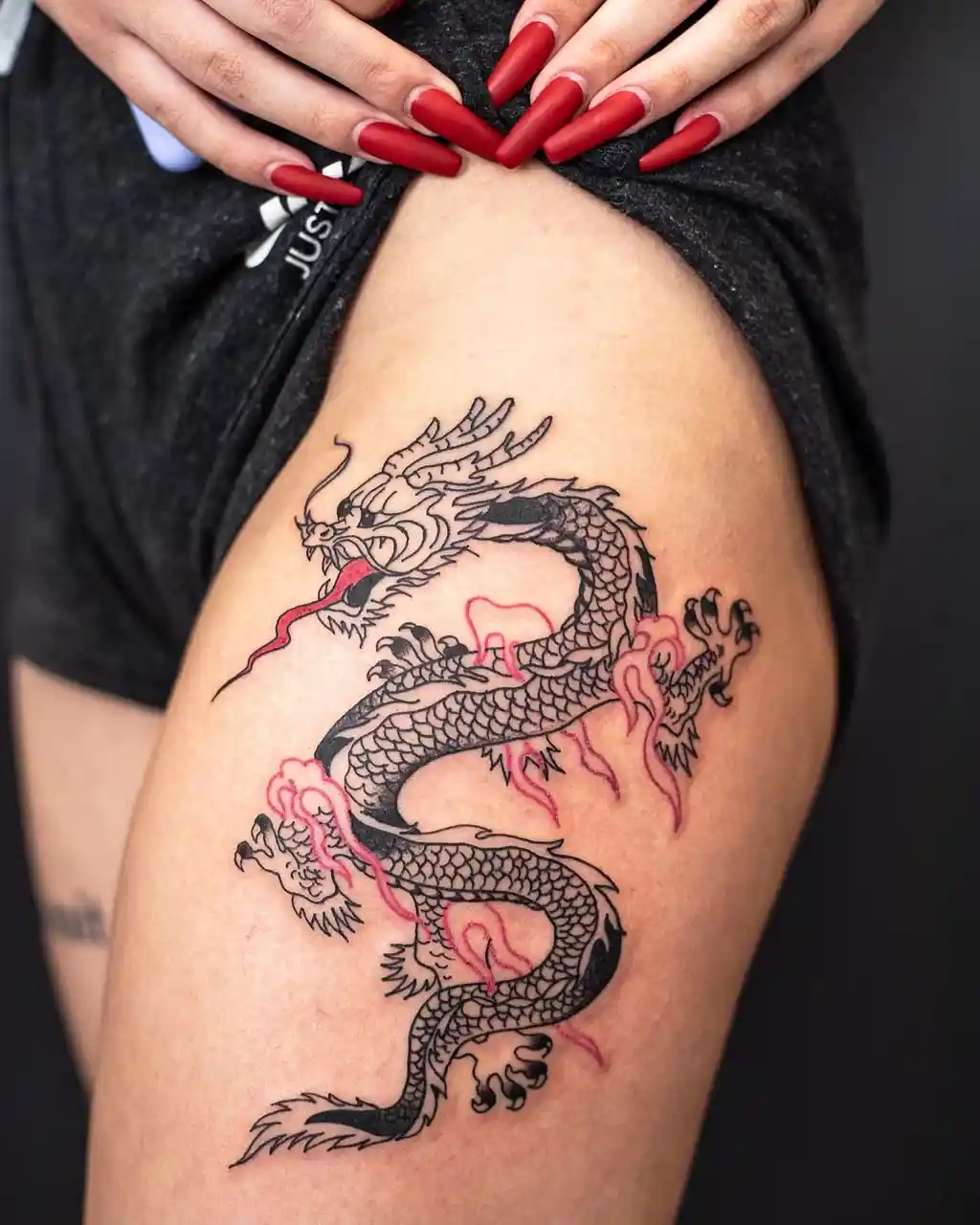 Fiery Asian Dragon Hip Tattoos Women