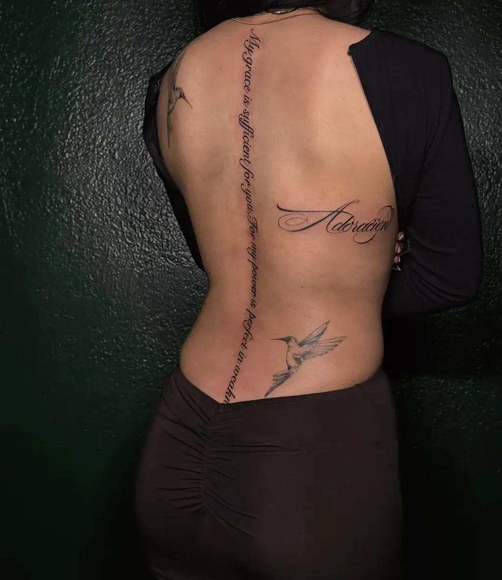 Scripture Spine Back Tattoo with Hummingbird for Women