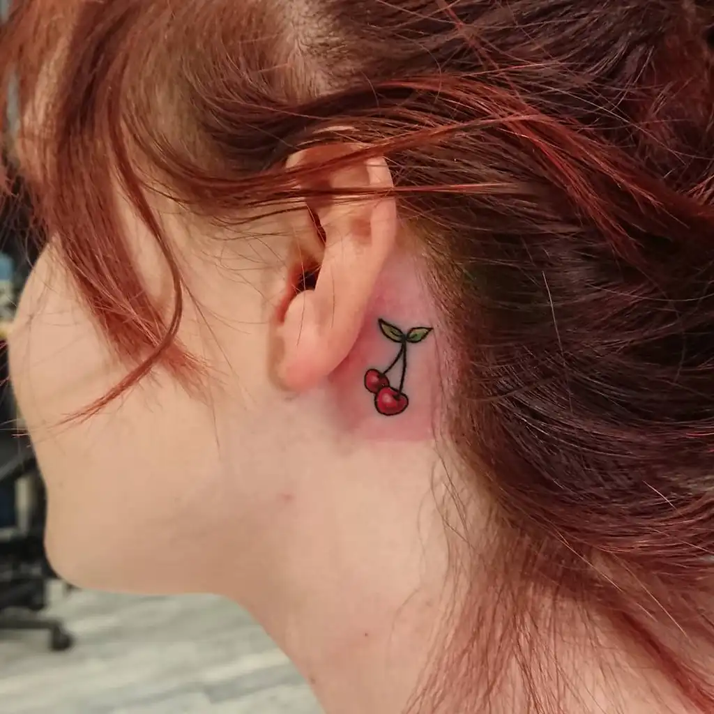 Cherry Fruit Behind Ear Tattoos for Women