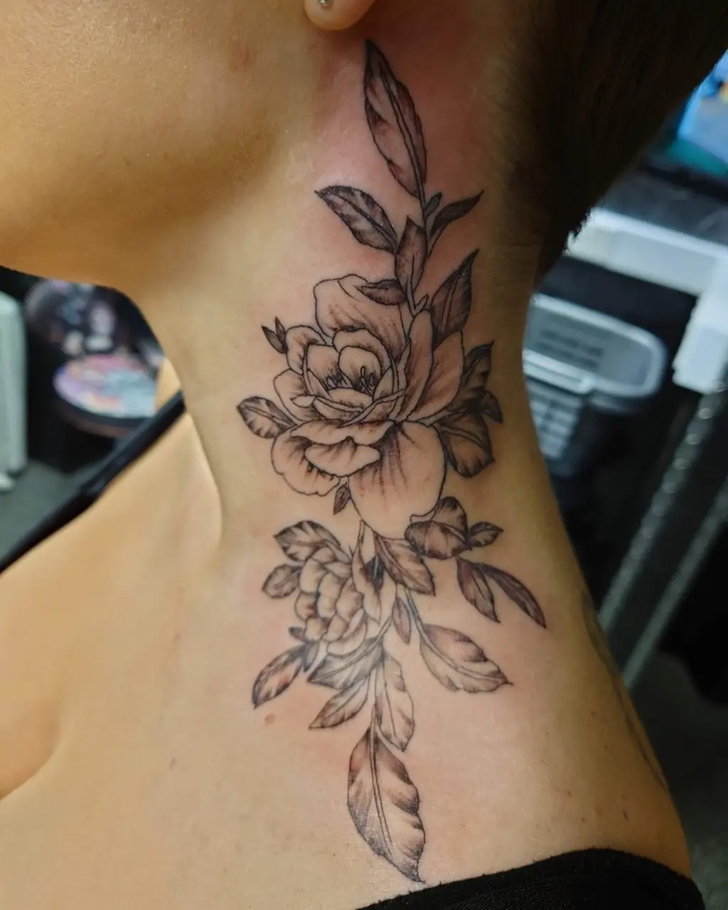 Rose Vine Neck Tattoo Women