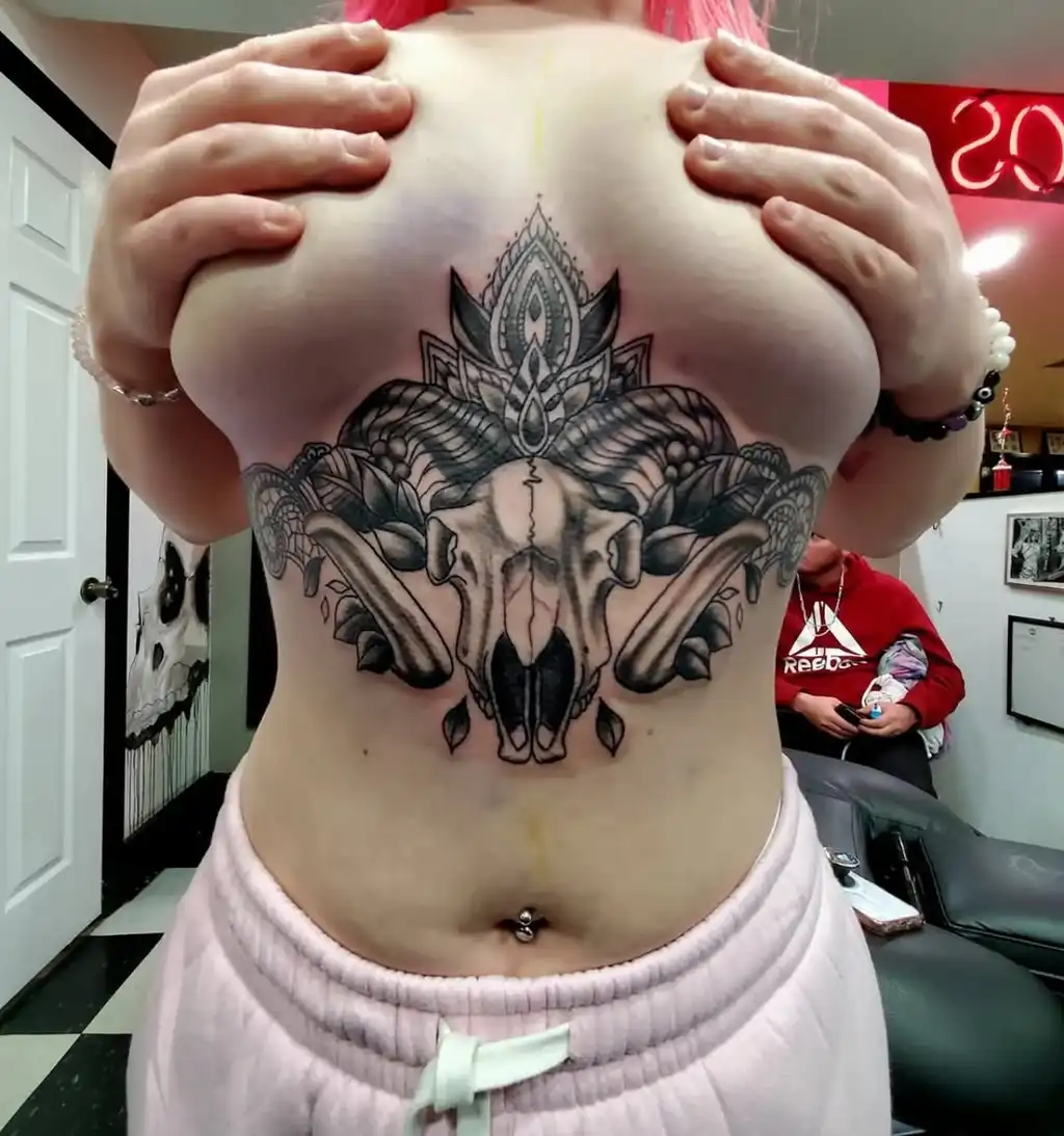 Ram Skull Mandala Stomach Tattoos Women