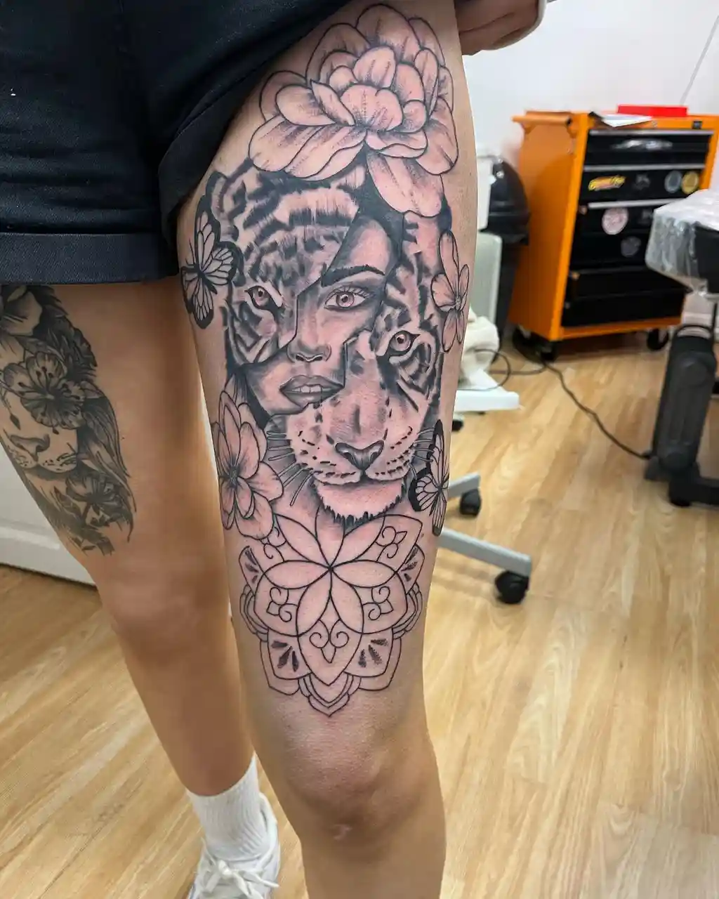 Thigh Tattoos for Women – Tiger Woman Fusion