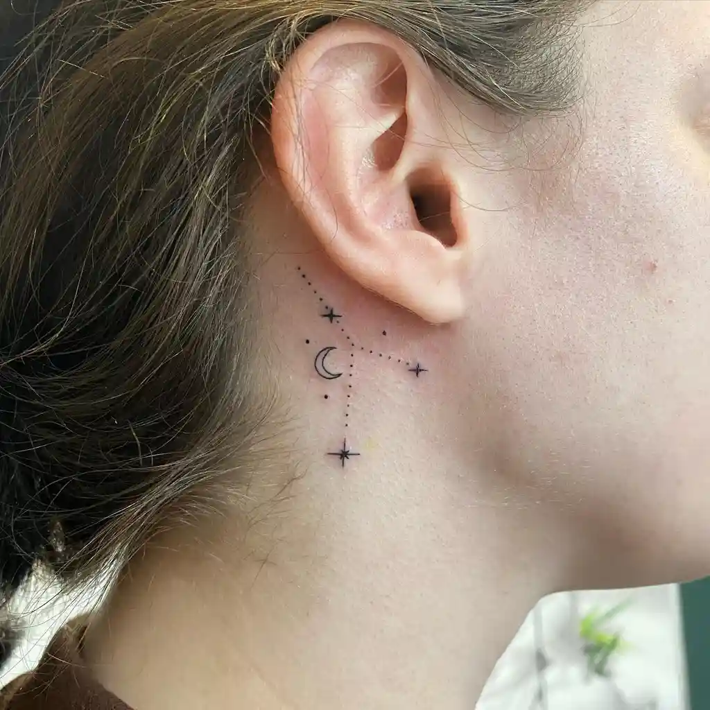 Moon and Stars Behind Ear Tattoos for Women