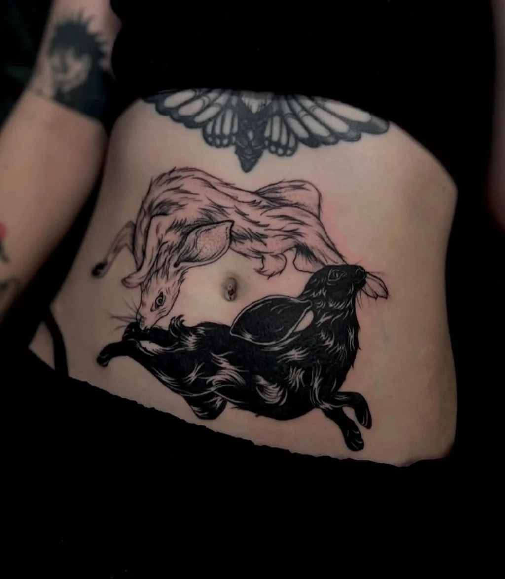 Dual Hares Symbolic Stomach Tattoos Women