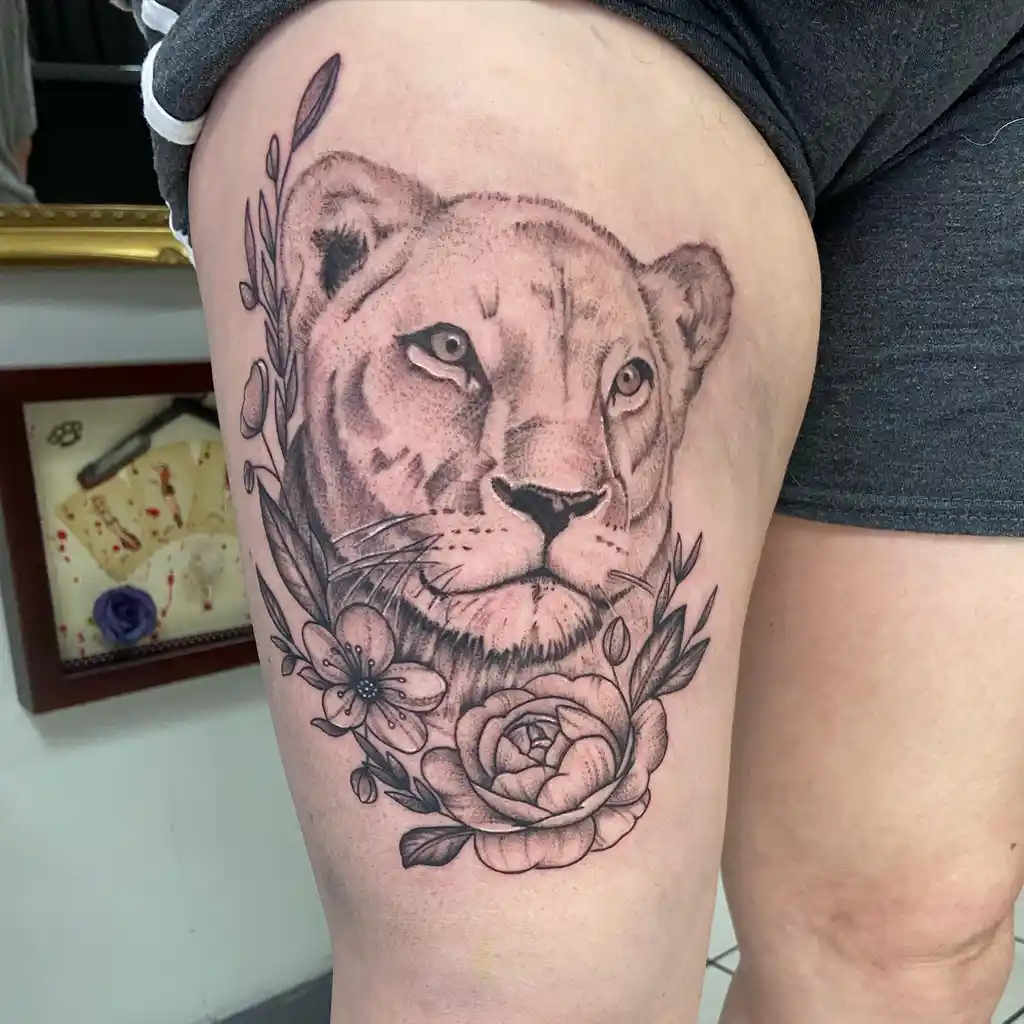 Thigh Tattoos for Women – Lioness with Floral Crown