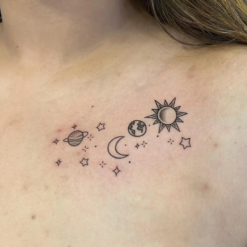 Planet and Stars Chest Tattoo Female Design