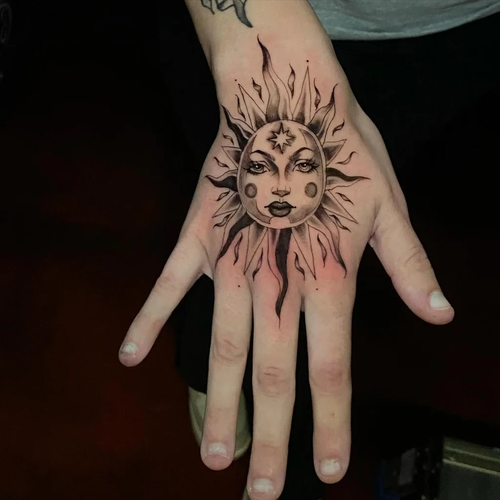 Sun Face Hand Tattoos for Women