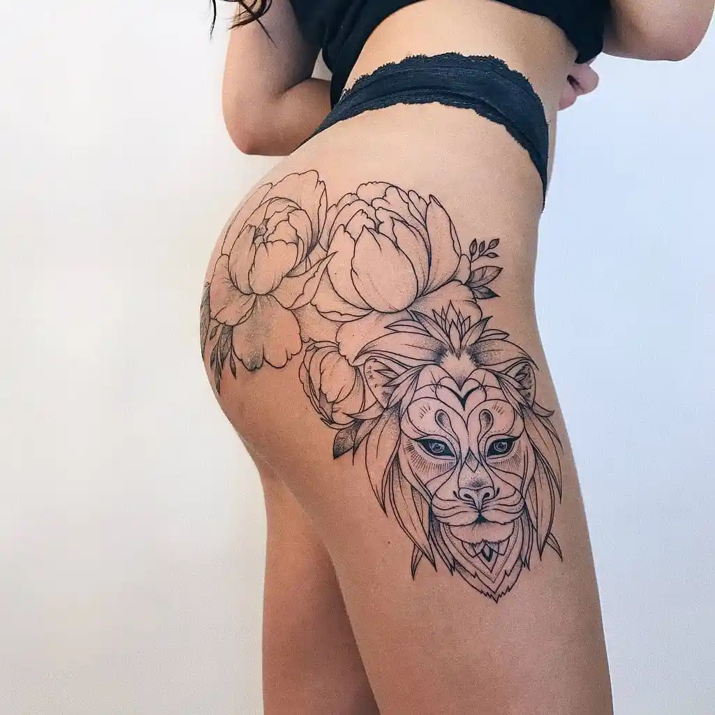 Fierce Lion and Peony Hip Tattoos Women