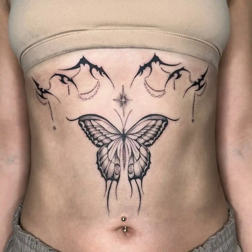 Celestial Butterfly Gothic Stomach Tattoos Women