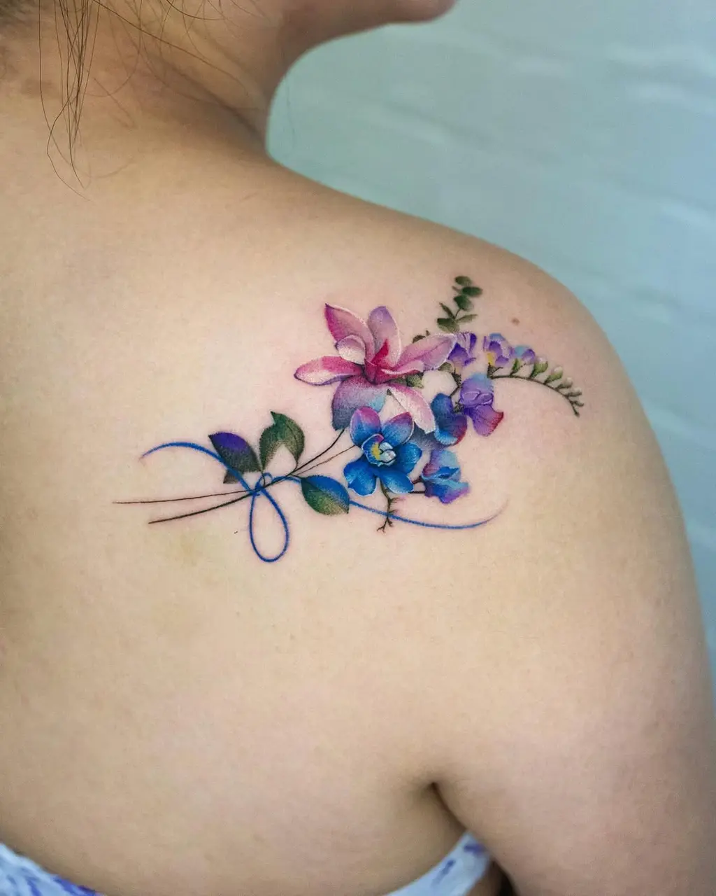 Colorful Floral Back Shoulder Tattoos for Women