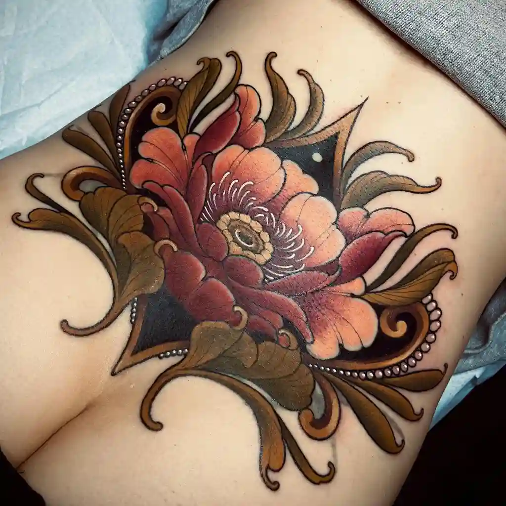 Vibrant Floral Lower Back Tattoo