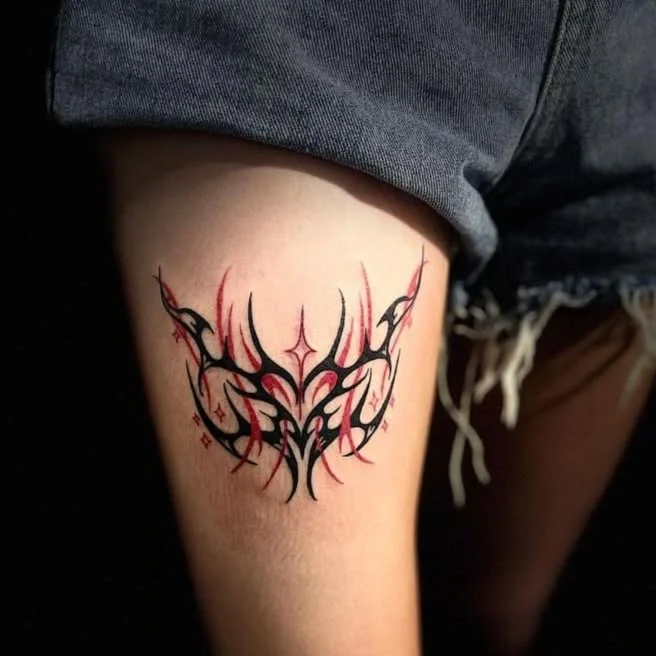 Thigh Tattoos for Women – Red and Black Tribal Heart