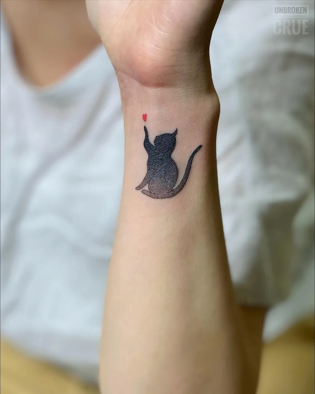 Cat with Red Heart Wrist Tattoo for Women
