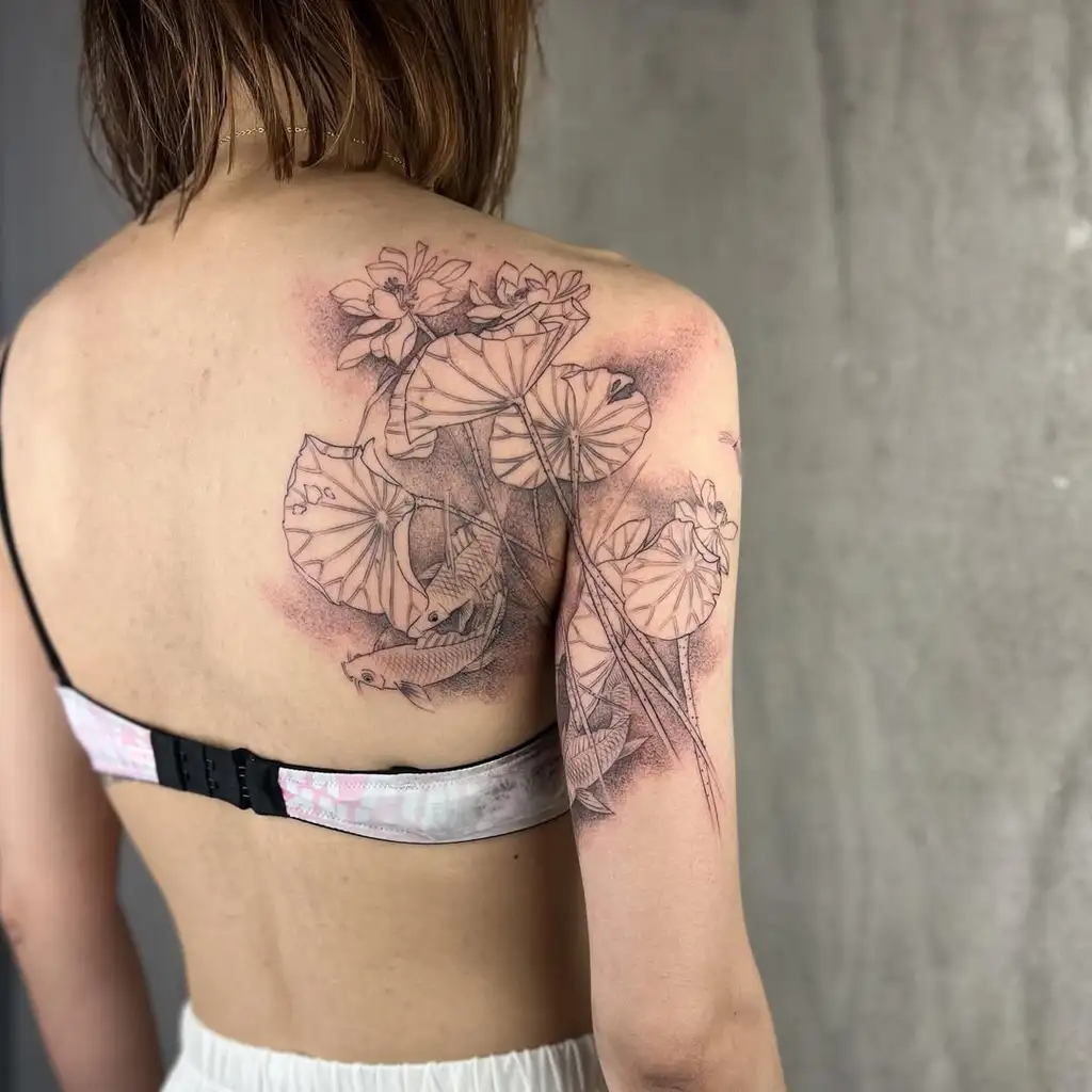 Koi and Lotus Back Shoulder Tattoos for Women