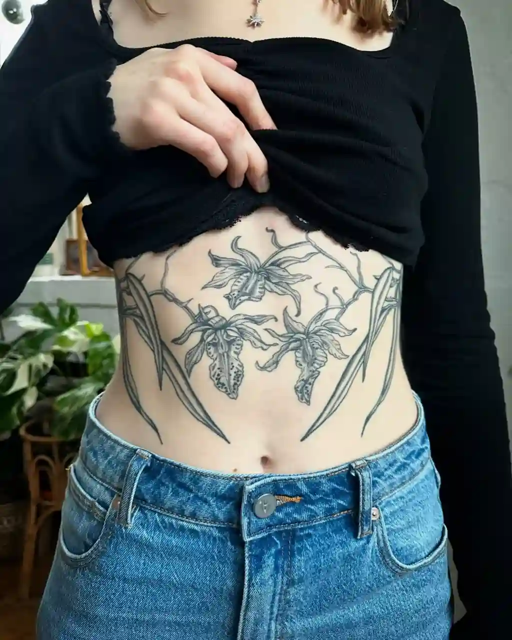 Botanical Orchid Stomach Tattoos Women
