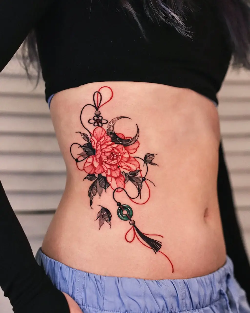 Red Peony Charm Stomach Tattoos Women