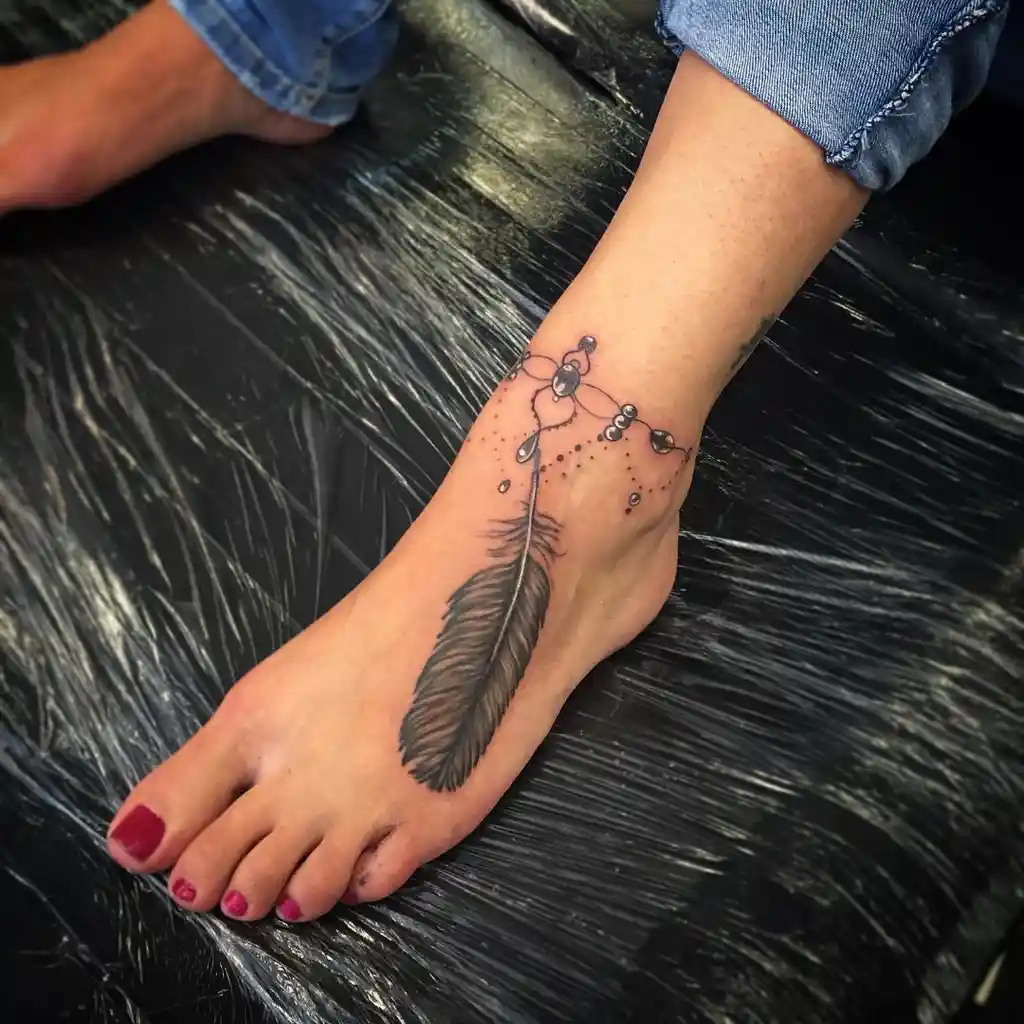 Feather Chain Foot Tattoos for Women