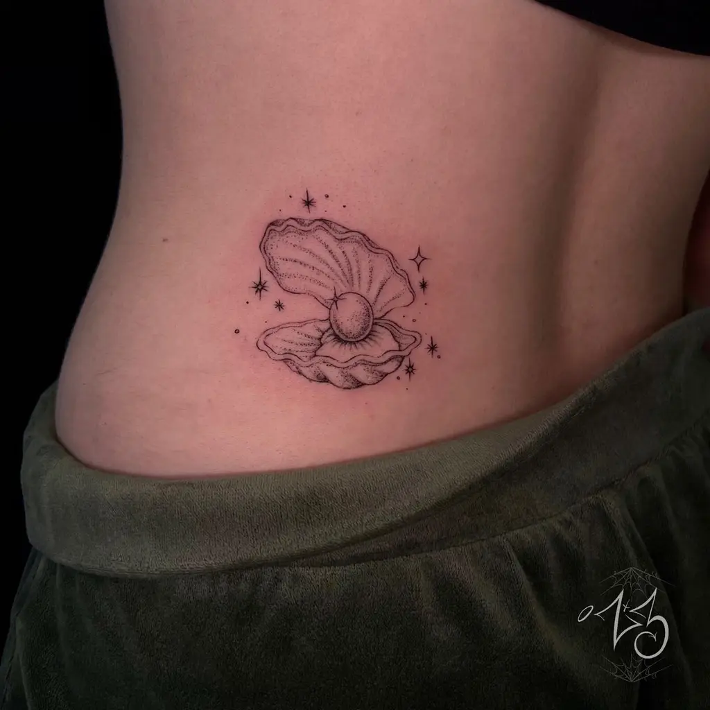 Elegant Oyster with Pearl Tattoo on Lower Back
