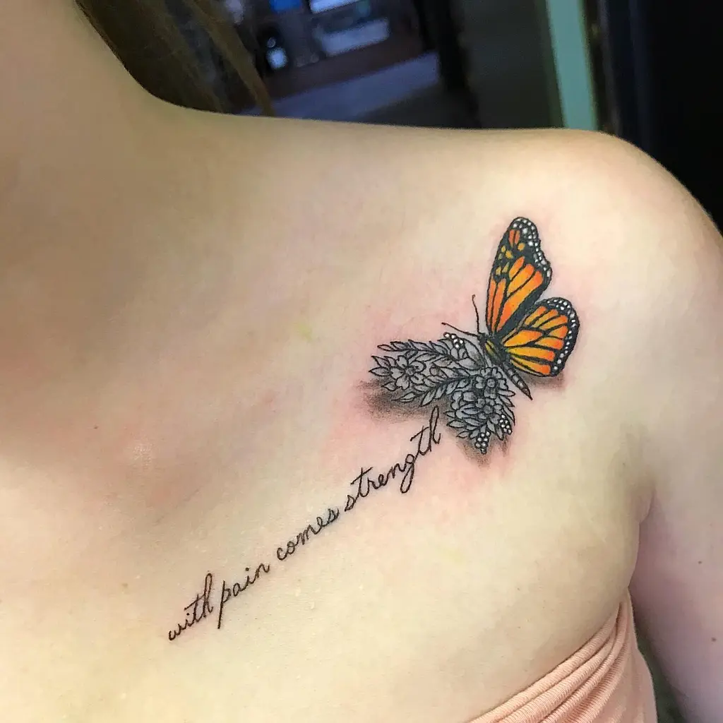 Chest Tattoo Female Butterfly With Quote
