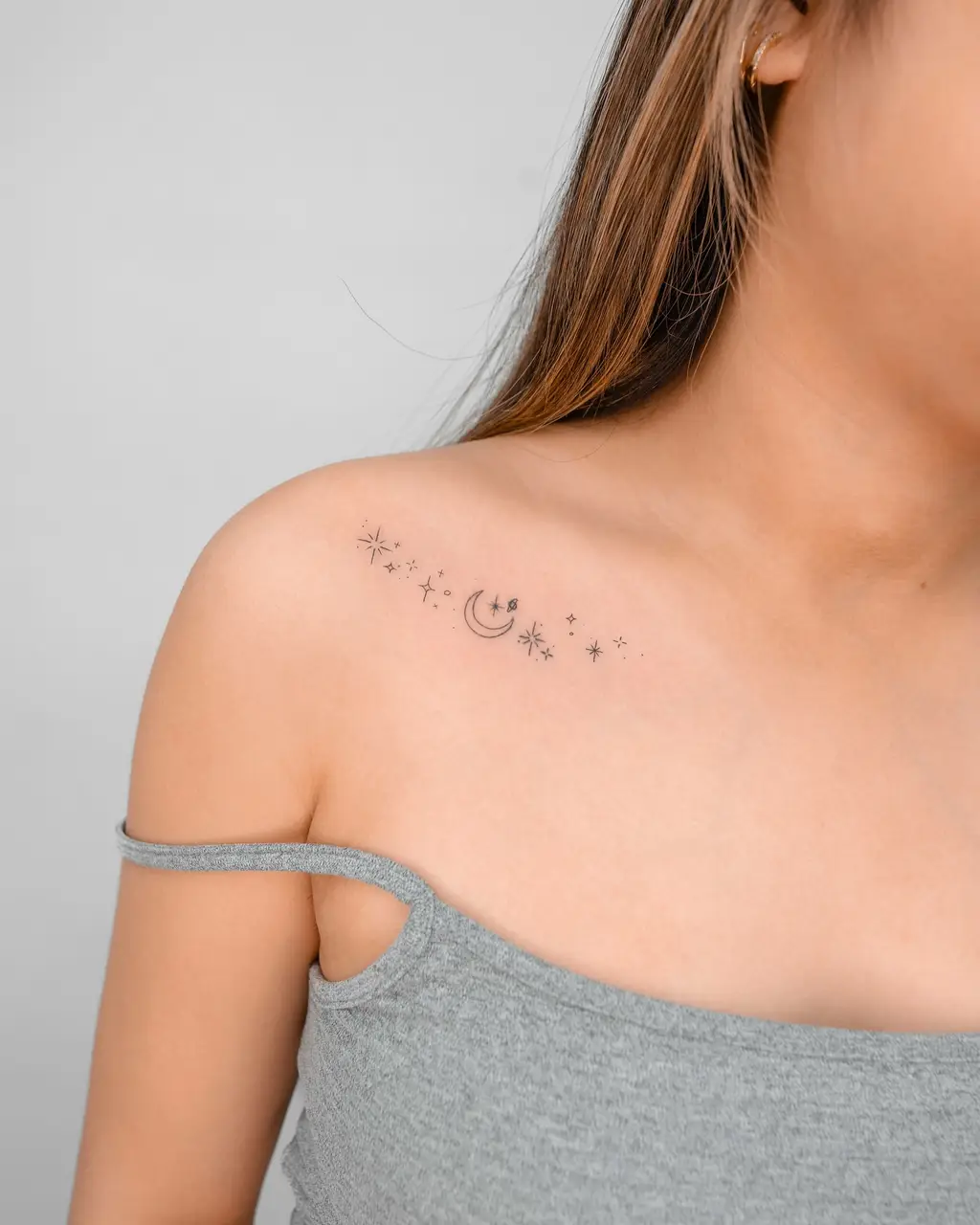 Starry Moon Collarbone Tattoos for Women