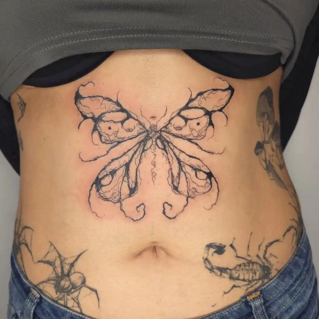 Abstract Butterfly Inked Frame Stomach Tattoos Women